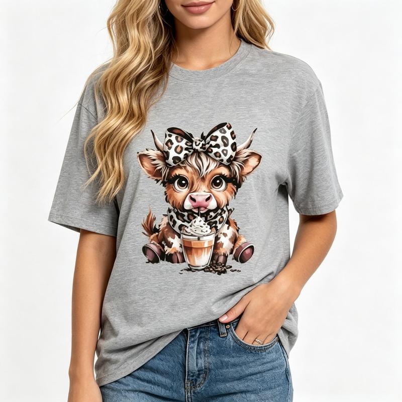 Women's Oversized Crew Neck Short Sleeve Graphic Tee - Light Gray Comfortable Fabric, Kawaii Cute Cow Highland Calf Leopard Bow Coffee Prints, Relaxed Fit Tshirt for Streetwear Beach Casual Wear