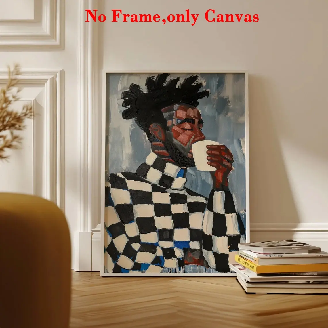 1 pc, wall art, vintage poster, Artistic abstract geometric figure art print, man in black and white plaid sweater canvas painting, unique and creative wall aesthetic decoration, perfect decoration for living room and bedroom, frameless, Unframed