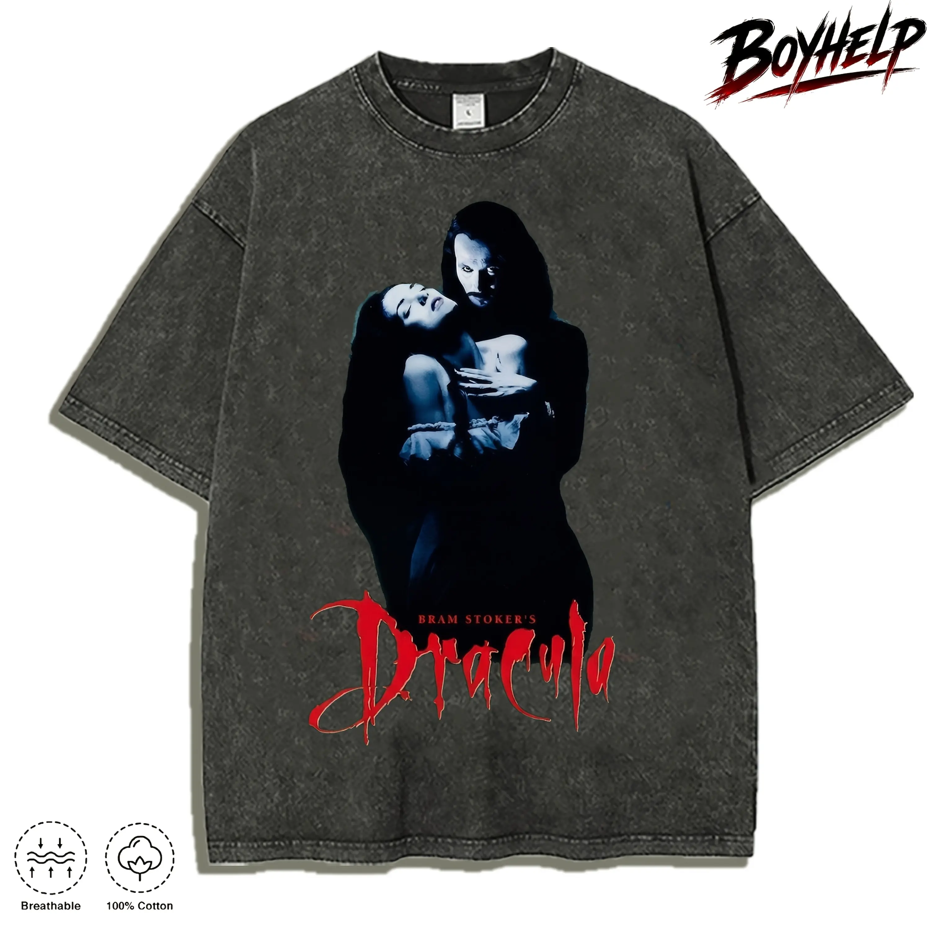 Men’s Vintage Vampire Washed T Shirt, Gothic Dracula Graphic Tee, Dark Romance Horror Style Streetwear, Retro Halloween Movie Aesthetic Black Shirt, Oversized Casual Cotton Top, Spooky Night Fashion Outfit, Alternative Y2K Trend Halloween patterned T Crew