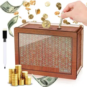 Wooden Money Box, Piggy Bank with Pen, Coin Bank with Counting Target, Wooden Cash Money Saving Box for Kids