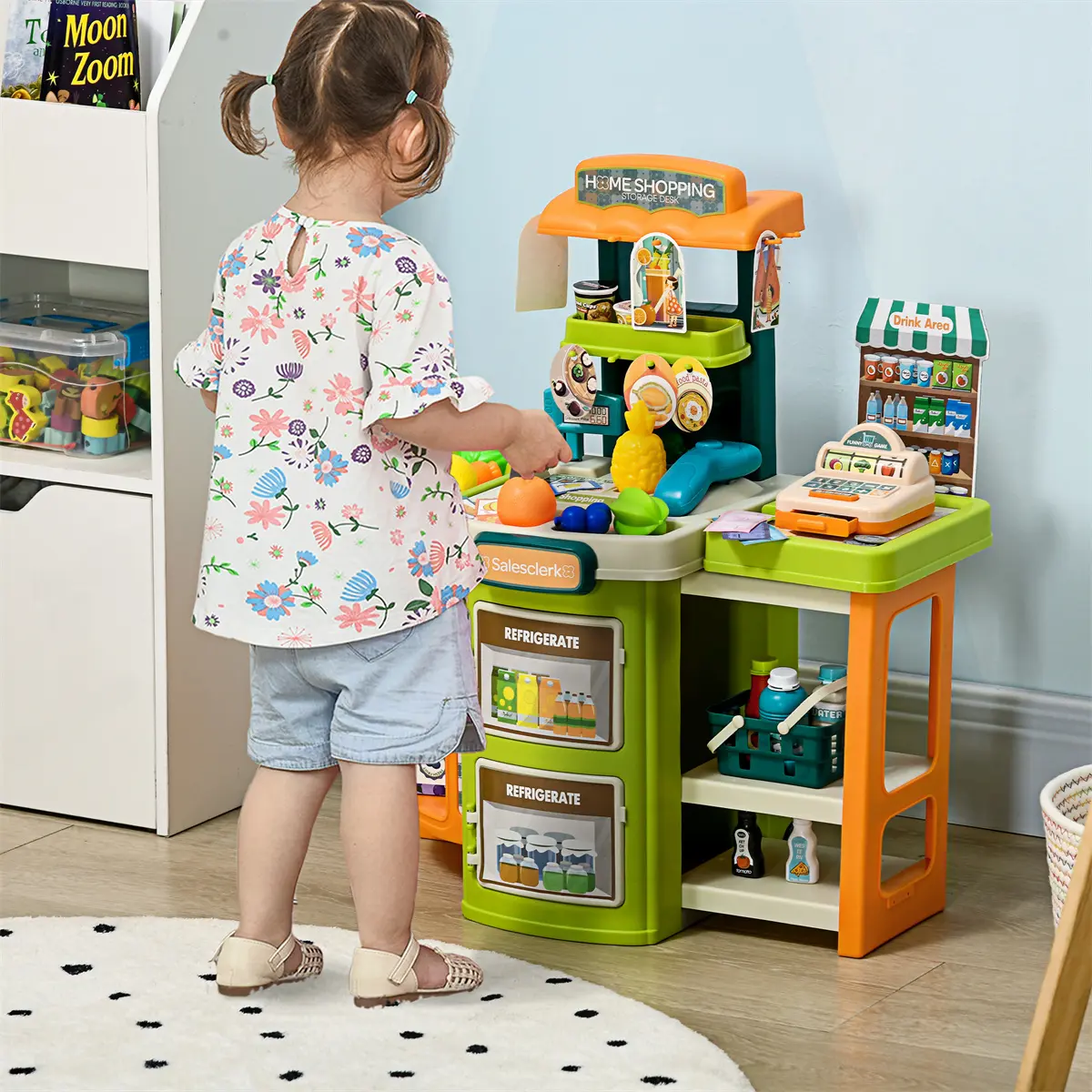 58-Piece Grocery Store Pretend Play Set for Kids Ages 3-6 | Includes Trolley, Cash Register Stand, Foldable Play Store, Scanner, Play Food Vegetables, and Extra Storage | Safe and Stable for Hours of Fun