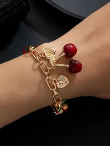Exaggerated Cherry Pendant Bracelet with Heart and Bow Accents, Stylish Charm Jewelry for Daily Wear, Perfect for Parties and Evenings, Party Bracelet, Heart Design Bracelet