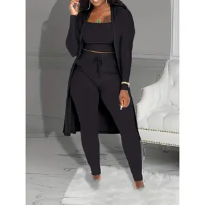 [Casual Three-piece Set] Three-piece Set - Ribbed Solid Casual Open Front Long Sleeve Cardigan & Tank Top & Lace Up Pants Outfits, Women's Clothing summer  two  pieces  et Stripe Oversized Lounge Set Womenswear Crew Neck Knit Polyester Suits Trouser