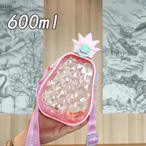 1pc Cute and stylish pineapple straw plastic water bottle with portable strap for children's outdoor sports.