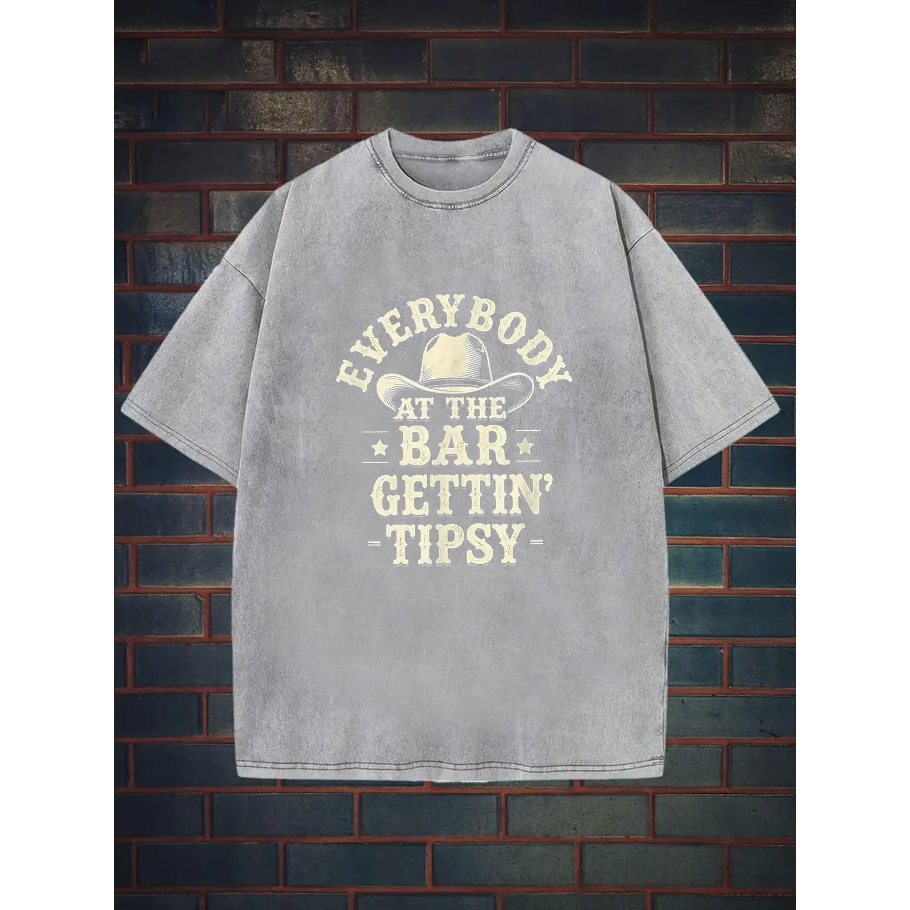 Women's Baggy Round Neck Cotton T-Shirt - "Everybody at the Bar Getting Tipsy" Bartender Graphic Statement Top, Casual Streetwear Short-Sleeve Tee