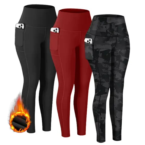 Women's High Waist 3-Piece Cozy Fleece-Lined Thermal Leggings - Pocketed Clothing with Great Fit, Basic Stylish Bottoms for Everyday Wear, Leggings for Women in Black+Black+Black, Burgundy+Light Gray+Print