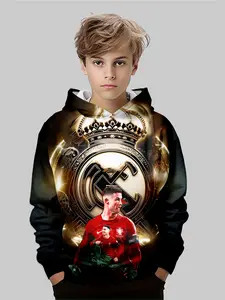 Trendy C Ronaldo Madrid Gold Crown, Unique Design, Kids Street Style Football Icon, Graphic Team Hoodie, Casual Fitted All over Print Sweatshirt