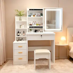 Modern White Makeup Vanity Set with 3-Color LED Light Sliding Mirror, 4 Drawers, 1 Shelf and Makeup Stool – Compact Indoor Furniture for Girls' Bedrooms top glass