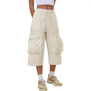 Aoysky Womens Wide Leg Cargo Capris Drawstring Elastic Waist Baggy Cropped Pants with Utility Pockets Casual Trousers