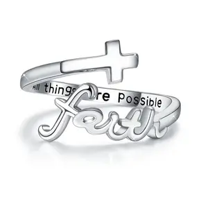 925 Sterling Silver Christian Faith Adjustable Open Ring for Women