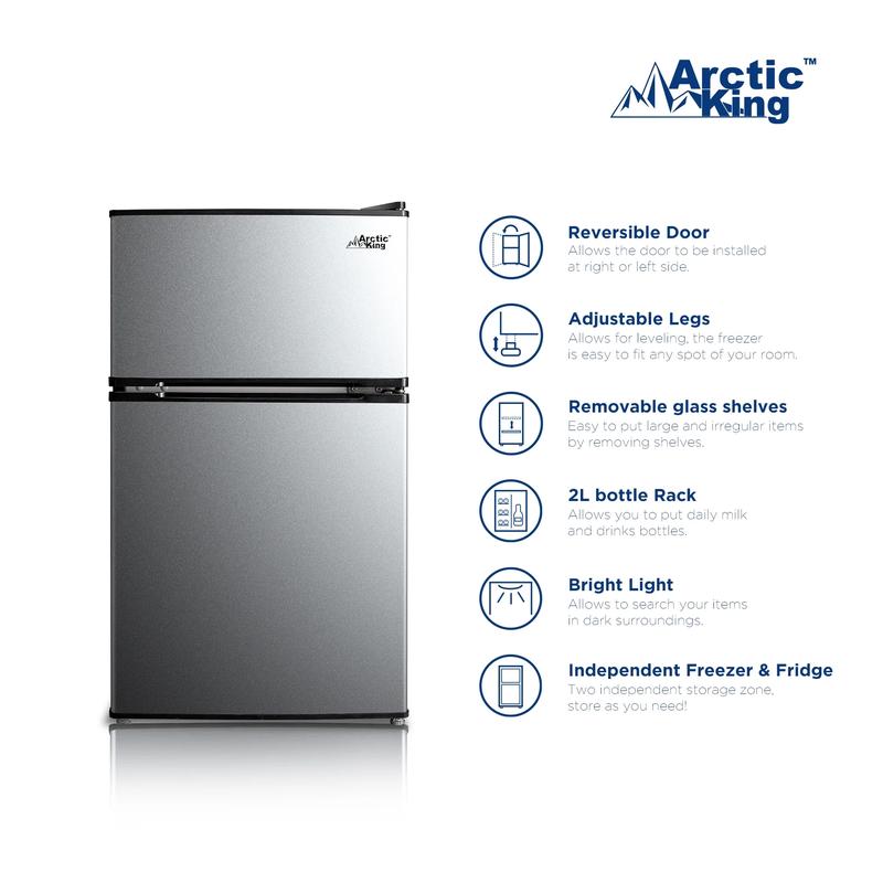 Arctic King 3.2 Cu ft Two Door Mini Fridge with Freezer, Stainless Steel, E-Star