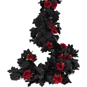 Artificial Black Garland Hanging Vine Artificial Floral Vines Fall Garland Hanging Flower Fake Rose Vines for Black and Burgundy Wedding Decor Halloween Indoor Outdoor Party Wall (Red Rose)