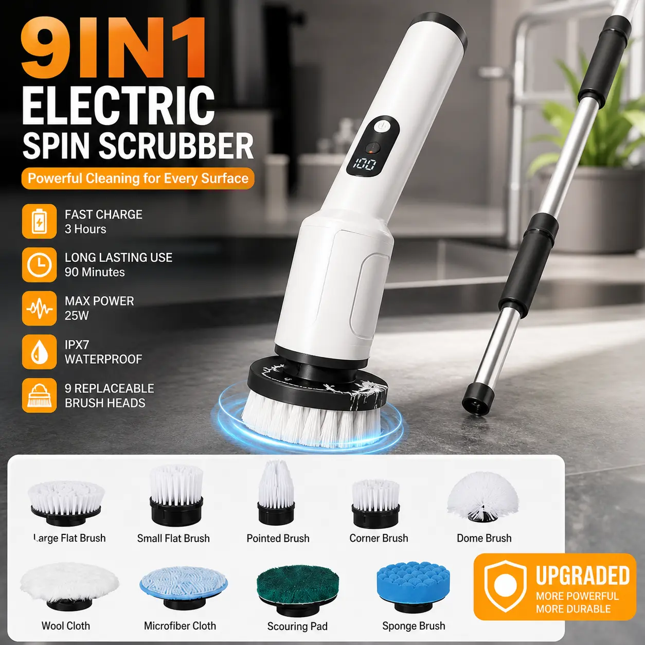 Cordless Handheld Electric Spin Scrubber Cleaning Tool - 9 Replaceable Brush Heads, 3-Speed Adjustable, 2000mAh Battery, Extendable Handle, Bathroom Gadgets for Shower, Tub Cleaning