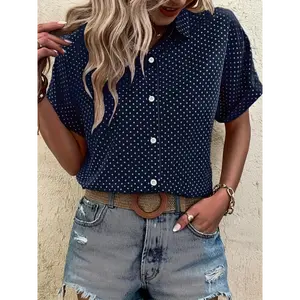 Tingyun Women'S Elegant Shirt - Navy Blue & White Polka Dot Short Sleeve Top, Breathable Machine-Washable Fabric, Regular Fit for Spring/Summer Casual Semi-Formal Wear