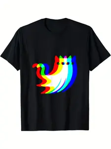 A Comfortable T-Shirt Featuring a House Music Cat Ghost Design Perfect for Halloween Raves.It Has a Classic Retro Style with a Crew Neck And Short Sleeves.Vintage Pattern Print, Fashionable T-Shirt for Spring, Summer, And Fall.Breathable, Loose