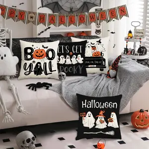 4pcs Halloween pillowcases, 18x18 inches set of 4, cartoon ghost, pumpkin, bat pillow covers, funny Halloween cushion covers, perfect gift for sofa indoor and outdoor decoration, home party decoration, Halloween decorations (without pillow core)