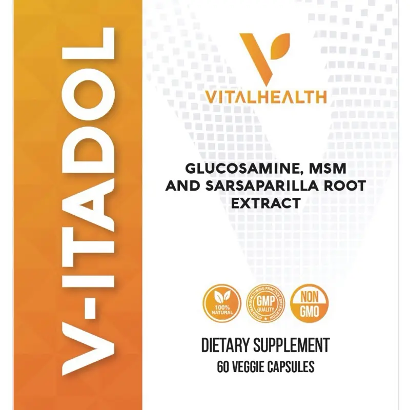 VitalHealth V-Itadol Edible Supplement - Glucosamine MSM Sarsaparilla Root Extract - Joint Muscle Comfort Blood Health Non-GMO GMP Certified Natural Healthcare