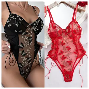 Sexy Women Lingerie Lace Butterfly Decoration Bodysuit One Piece Sleepwear Teddy Dress