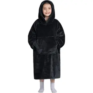 Wearable Blanket for Kids, Cozy Wearable Blanket Hoodie for Teens Girls Boys, Warm Blanket Sweatshirt Gift for Teenage, Hoodie Blanket with Sleeves and Giant Pocket - Black