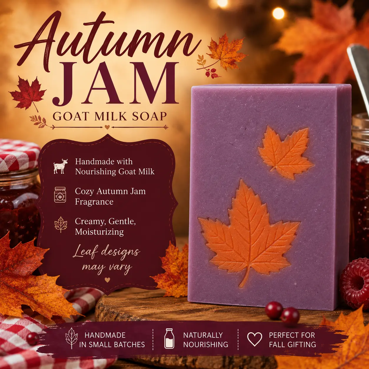 Autumn Jam Goat Milk Soap | Handmade Fall Soap with Autumn Leaf Design