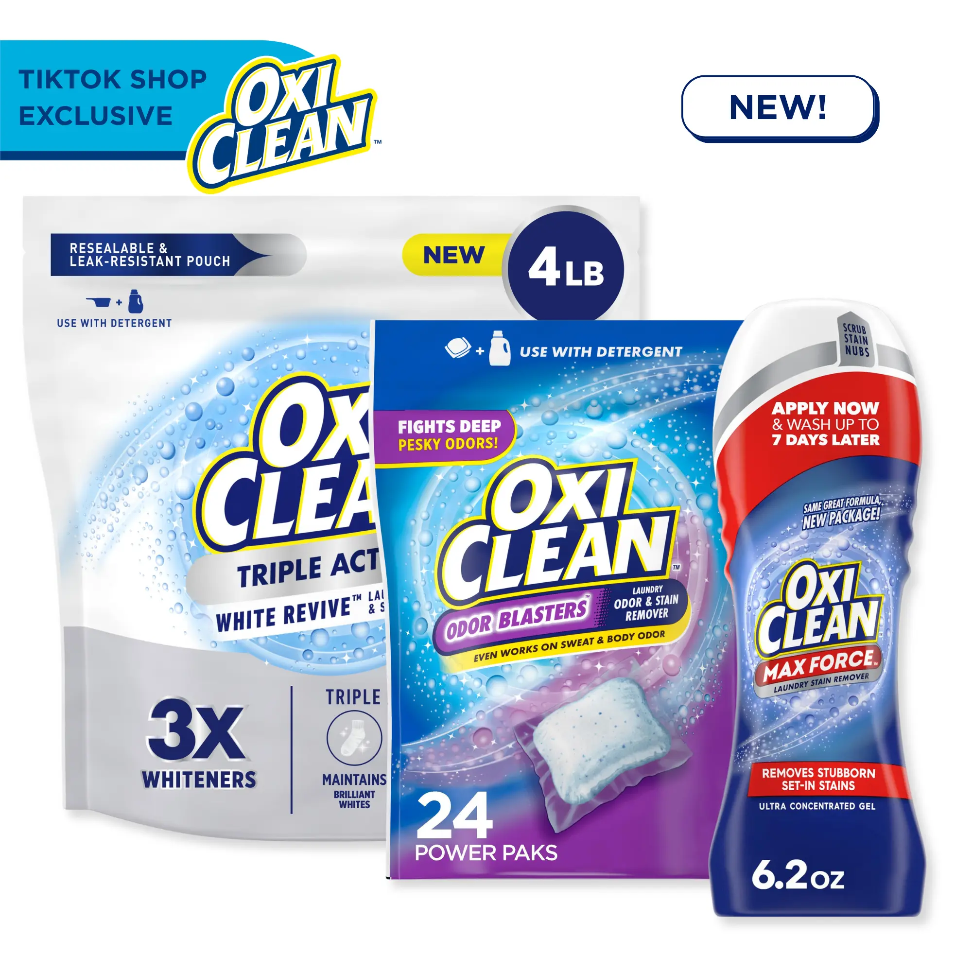 OxiClean Laundry Rescue Bundle, White Revive Laundry Powder, Odor Blasters Power Pak, Max Force Gel Stick