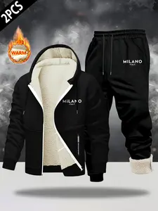 Men's Fall Winter Warm Hoodie Set, Thick Fleece Lined Zipper Pocket Design, Casual Drawstring Jogger Pants, Outdoor Wear, Casual Lounge Set