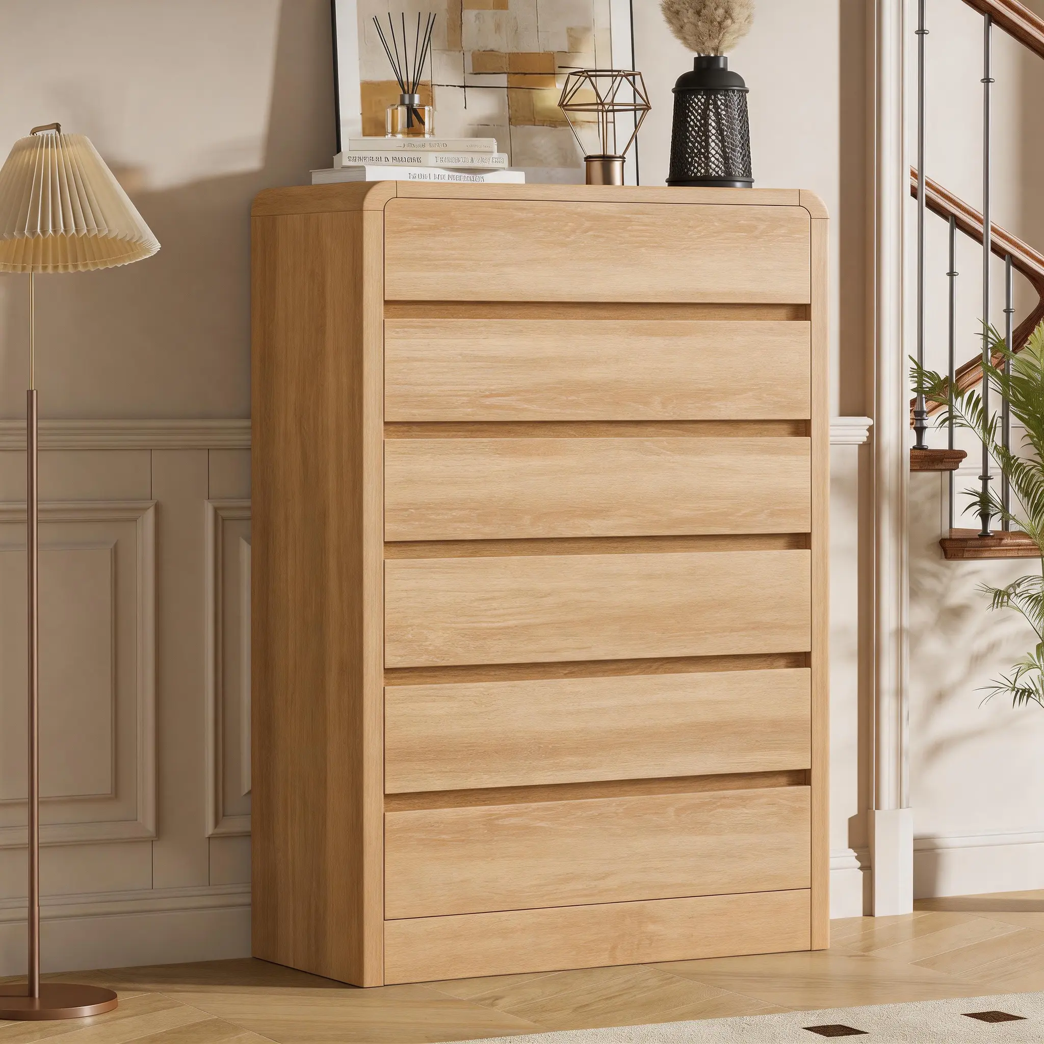 49.2" Tall Modern Freestanding Cupboard - Natural Solid Wood Dresser with 6 Furniture Drawers, Curved Profile, Wall Anchor, Full Extension Drawers, Reinforced Base, Sideboard Storage Cabinet for Bedroom Closet Organization