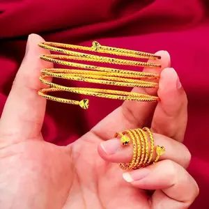 Stainless Steel Jewelry Sets for Women Multi Loops Wide Cuff Bangles Bracelet and Ring 2pcs Set Wedding Accessories Gifts