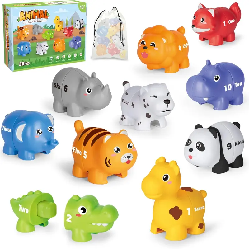 Learning Toys for 2 3 4 Year Old, 20 Pcs Number Matching Game with Digital English, 10 Different Animal Figures, Preschool Activities Montessori Fine Motor Toys for Toddlers Kids
