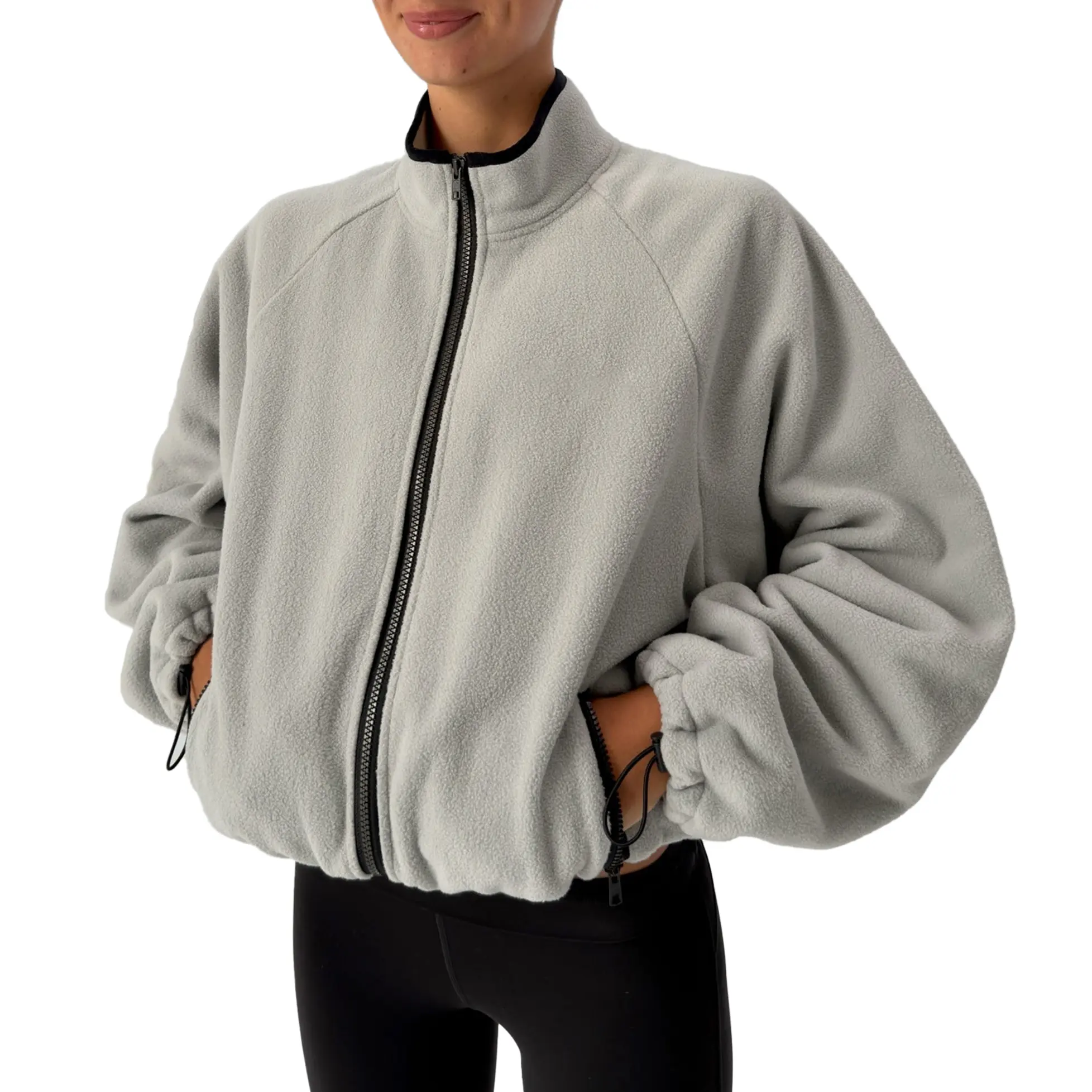Songling Women's Oversized Baggy Mock Neck Full-Zip Soft Fleece Fabric Sweatshirt Jacket - Long Drawstring Cuffs Sleeves, Hand Wash, Fitness Style, 2026 Winter Classic Top (Pairs with Straight Pants), Loose, Lady, Pockets
