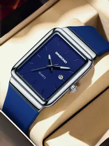 Men's Quartz Watch, Calendar Function, Stainless Steel Case, Blue Silicone Strap, Rectangle Dial, Casual Business Style, 30m Waterproof, Casual Trendy Wristwatch, Modern Casual Wristwatch