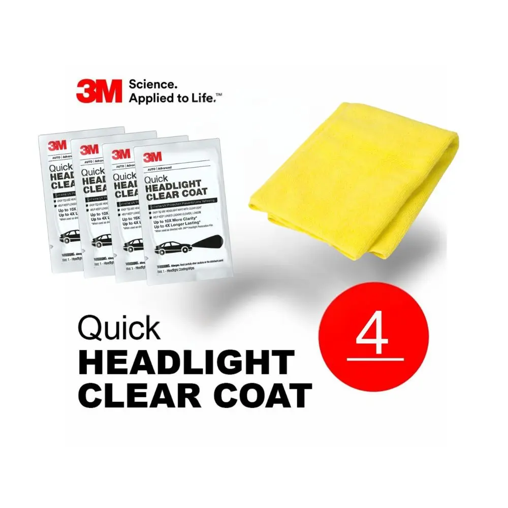 3M Quick Headlight Clear Coat 4x wipe lot With 16x16 Microfiber Cloth - Yellow