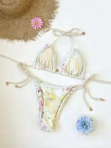 2026 new women’s two-piece swimsuit set with lace trim panels, sexy low-rise tie design micro bikini set, casual vacation beach swimwear/onsen wear