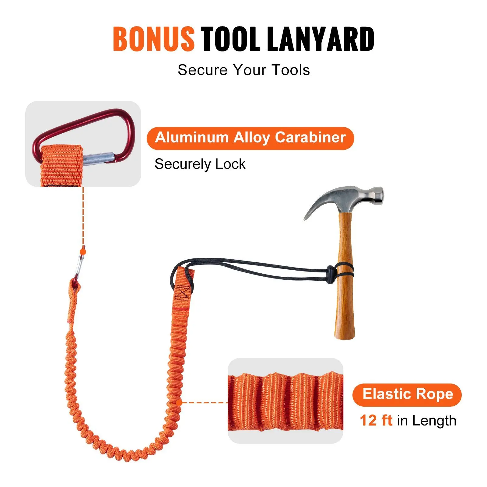 VEVOR Safety Steel Core Arborist Flipline, 1/2" x 12 ft Polyester Flip Line with 3-Way Locking Alloy Steel Snap Hook, Aluminum Alloy Carabiner & Extra Tool Lanyard for Tree Climbers