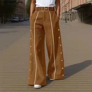 INCERUN Men's 2025 Autumn Street Style Wool High-Waisted Wide-Leg Pants With Contrast Trim, Retro Chic.