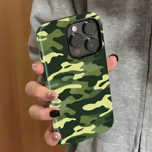 Green Camo Pattern Phone Case , Shockproof Rugged Cover Dual Layer Soft TPU Hard PC Bumper Hard Shell Design for iPhone 11 12 13 14 15 16 17 Pro Max Plus & Samsung Galaxy S26 S25 S24 S23 S22 S21.MFLA02