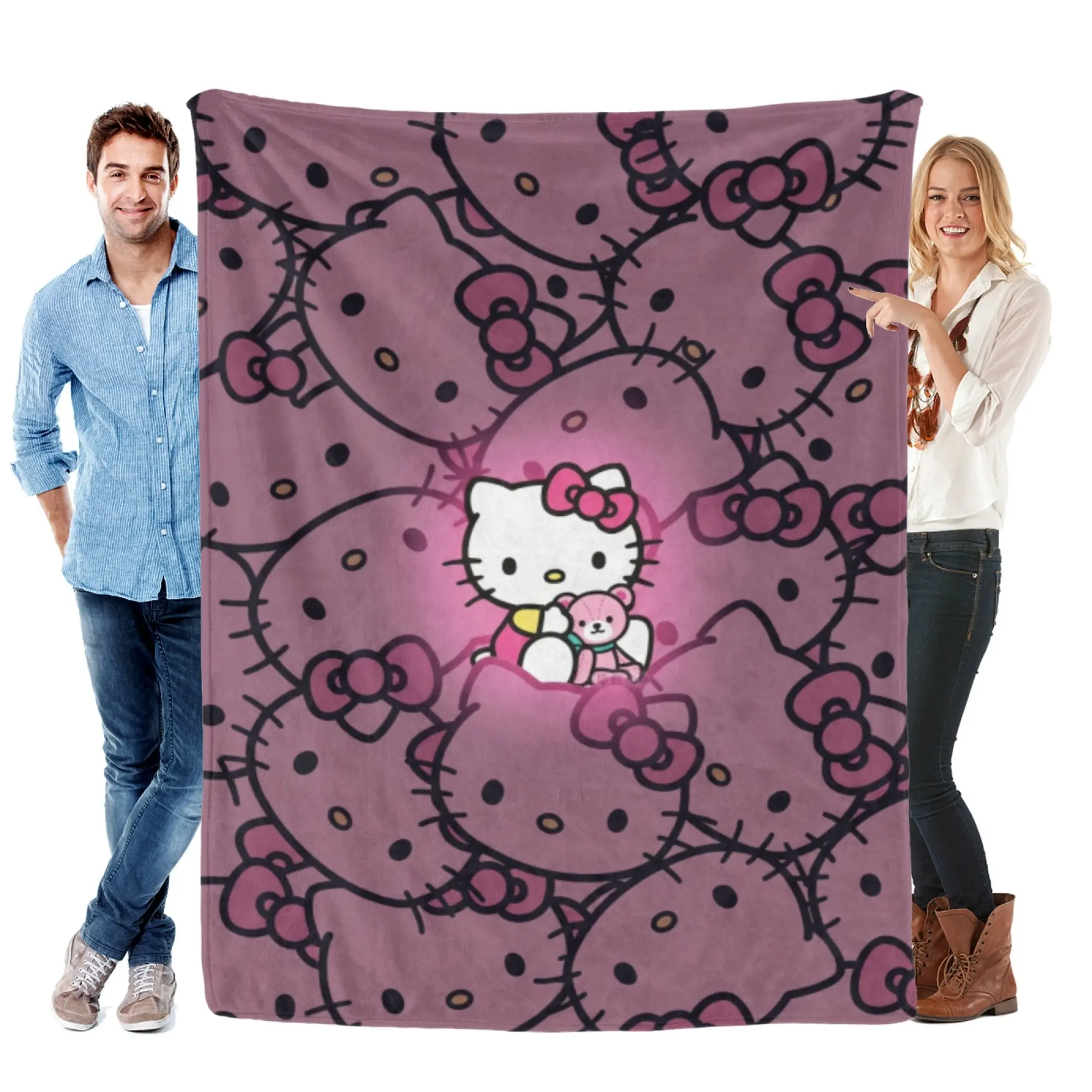 [SummerVibes] SANRIO CLASSIC Hello Kitty & Teddy Flannel Blanket - Soft, Warm, Lightweight with Vibrant 2D Print, Throw for Sofa, Bed & Office Nap