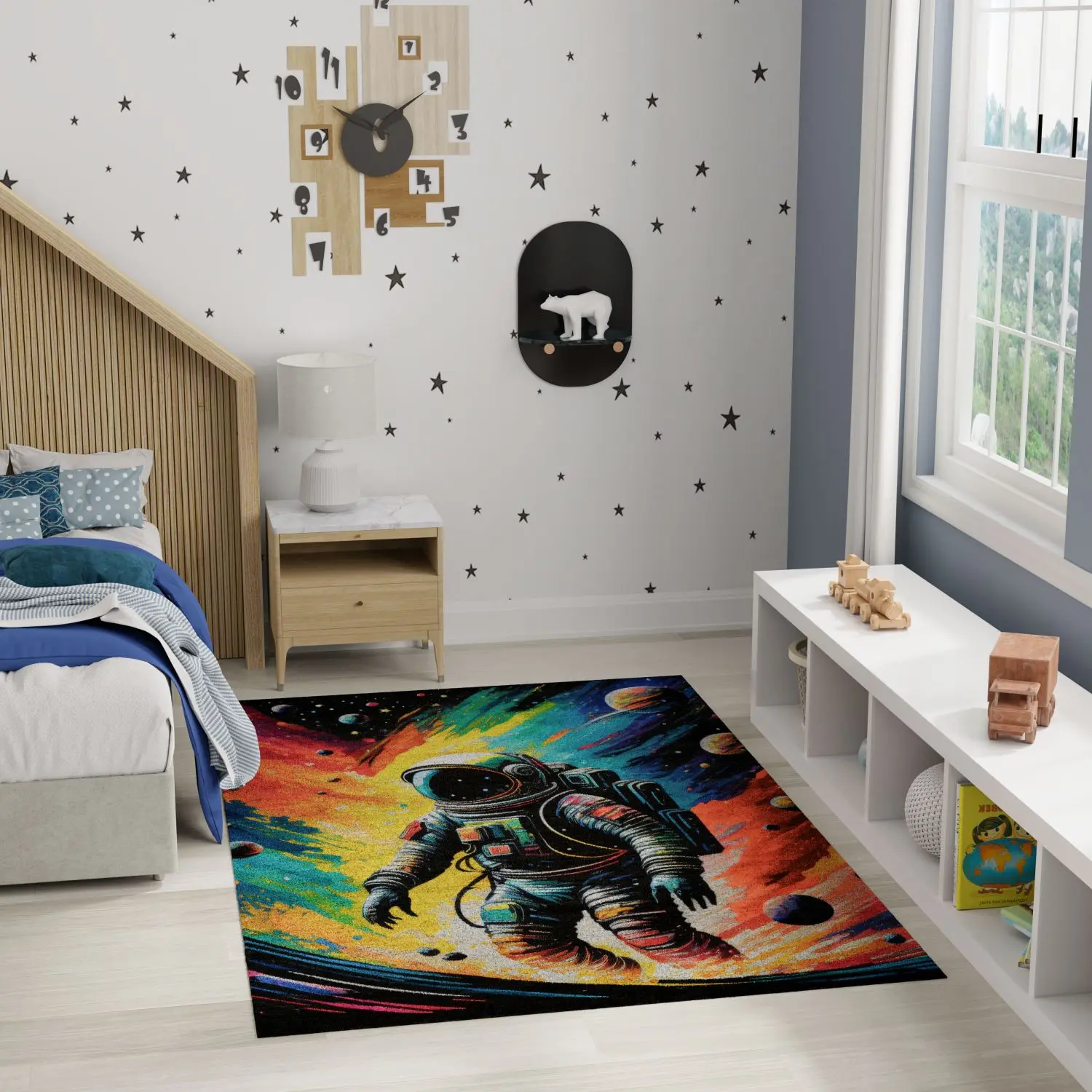Nourison Imagination Astronaut Print Kid Room Area Rug, Bold Colors Indoor Machine-Washable Rug for Kids' Areas