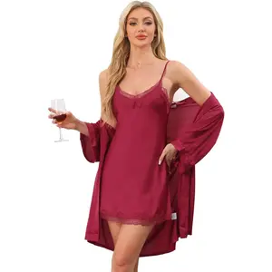 cheibear Women's Satin Robe with Belt and V-neck Lace Trim Nightshirt 2-piece Pajamas Red X-Small