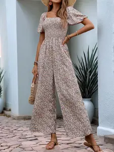 Spring Bestseller One-Piece Pants, Bubble Sleeve Slim Fit, Floral Print, Holiday Style, Long Pants for Women, Jumpsuit, Summer