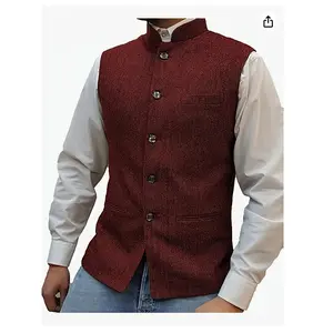 Mens Herringbone Wool Vests Suit Business Tweed High Collar Waistcoats Slim Fit