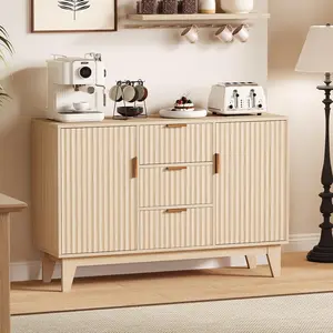 47.2" Fluted Buffet Cabinet, Mid-Century Sideboard with 2 Waveform Doors, Gold Handles, 3 Drawers & Adjustable Shelves, Coffee Bar TV Stand for Living Room Kitchen- Oak