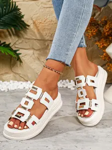 Trendy Flat Round Toe Sandals for Women, Summer Outdoor Breathable Shoes, Comfortable Roman Vacation Style, Casual PU Leather Flats, Casual Slide Sandals