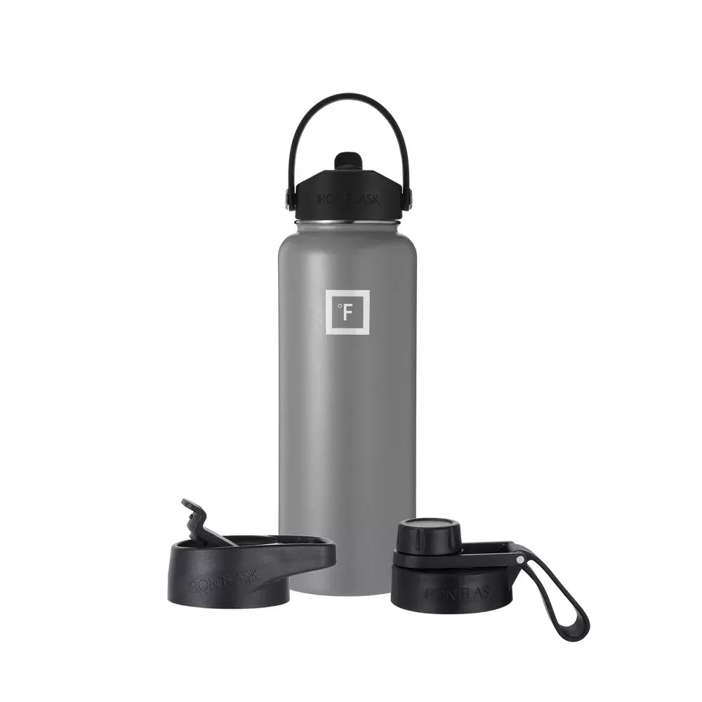 IRON FLASK 40oz Stainless Steel Wide Mouth Water Bottle with Plastic Lid Graphite Black: Insulated Reusable All Ages