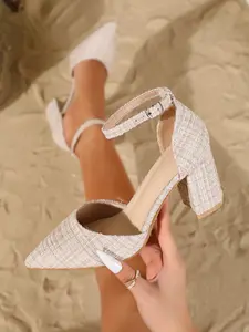 Women's Fashion High Heels Pointed Toe Mid Air Quality Elegant One Strap Chunky Heel Design Shoes, Stylish and Comfortable Women's Footwear