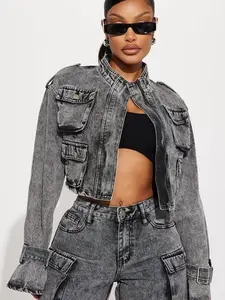 Billie Cropped Cargo Jacket - Acid Wash Black Casual Coat with Coat Hook and Reliable Fit