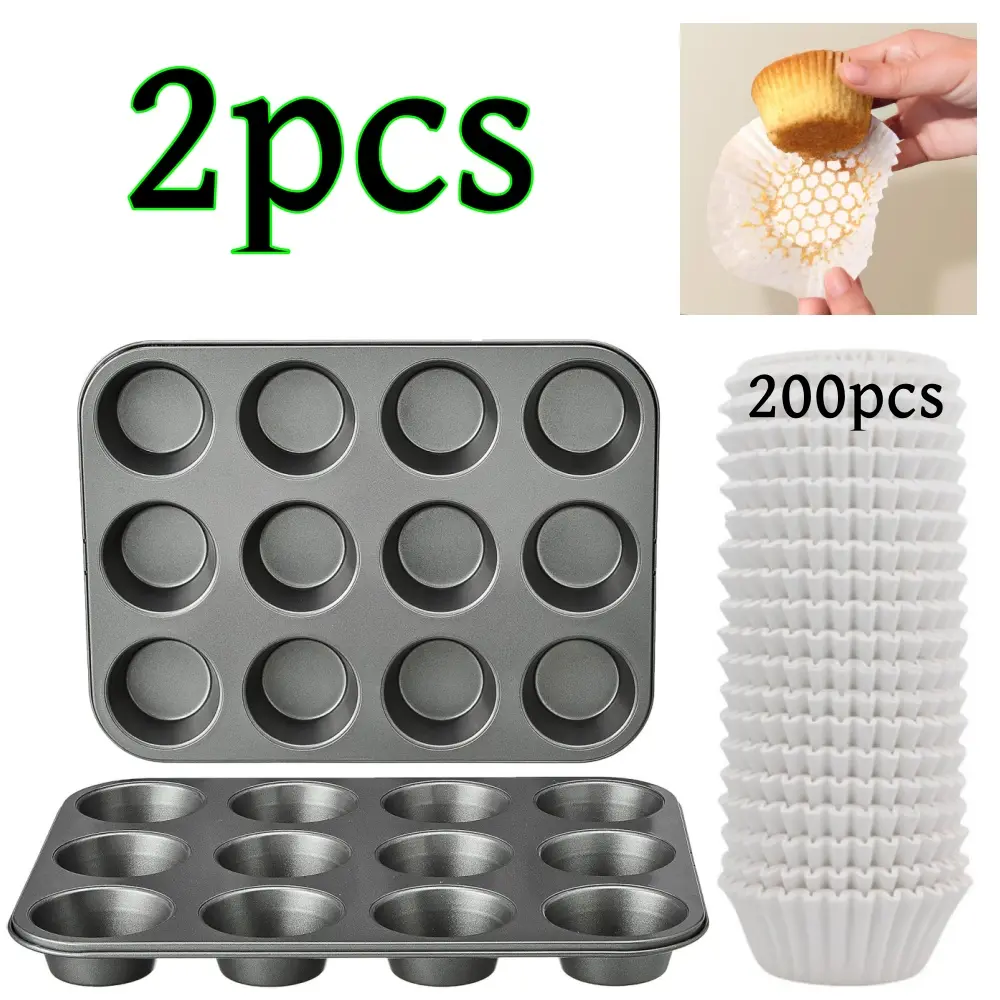2-Pack 12-Cup Heavy-Duty Steel Muffin Pan Set (24 Total Cups), Nonstick Heat-Resistant Oven-Safe Black Bakeware with 200 Parchment Paper Liners, Non-Slip, 10.55x13.9x1.22in Muffin Cups