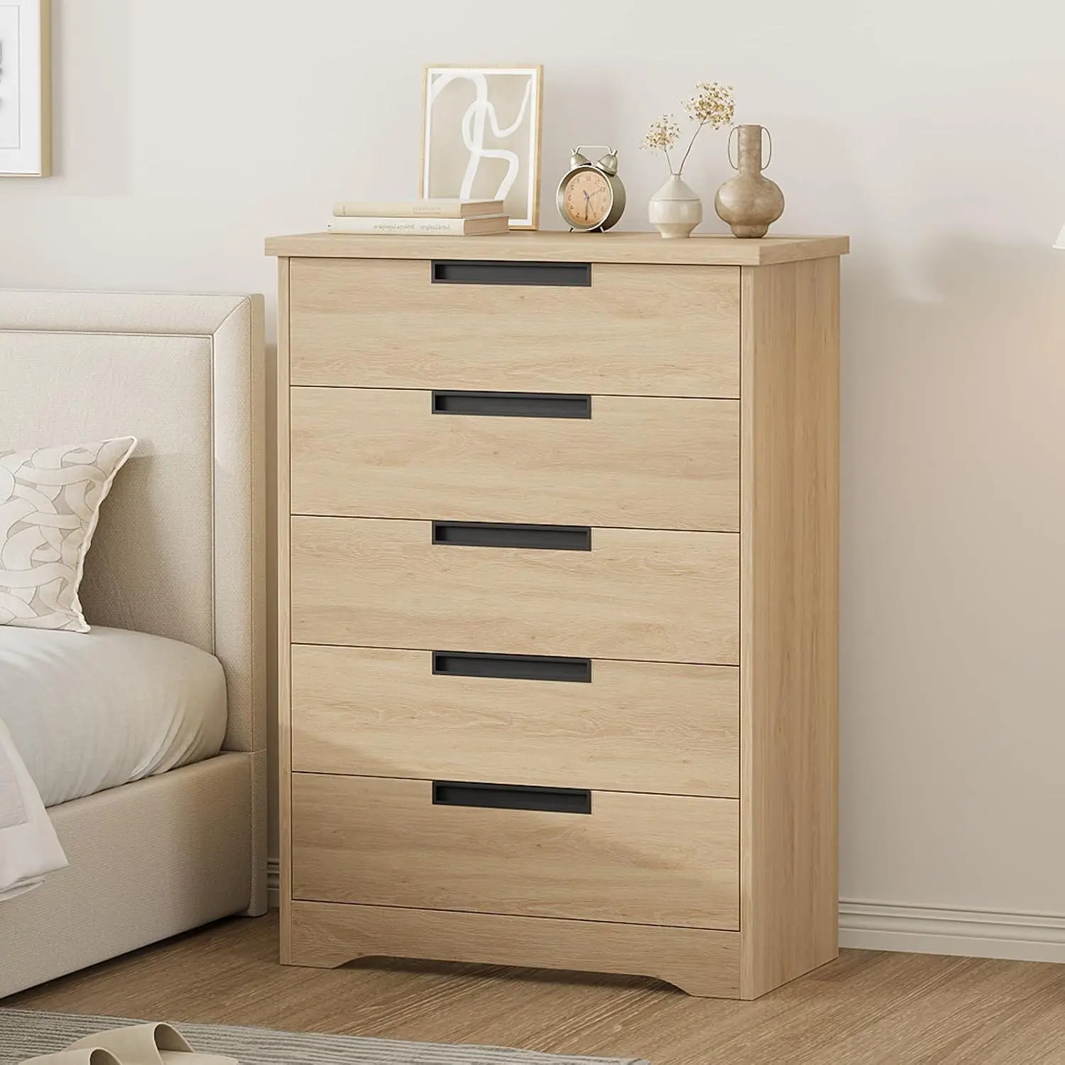 GARVEE 5-Drawer Minimalist Rectangular Dresser - Natural Oak Chest with Built-in Handles, Solid Wood Grain, Wooden Base, for Bedroom, Living Room
