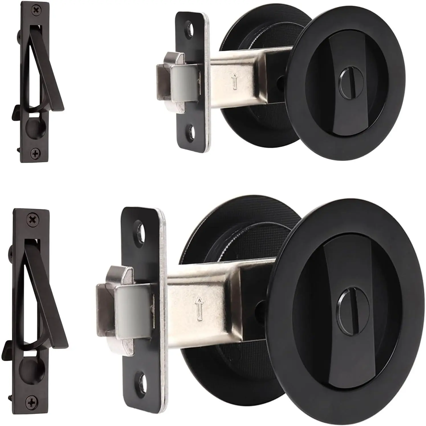 2 Pack Pocket Door  Lock, Flush Handles, 2-3/8" Backset, (Bed/Bath) Latch, Recessed Knob, Hardware for 1 3/8" to 2 3/16" Thickness Door (Including Edge Pull, Matte Black, Round)