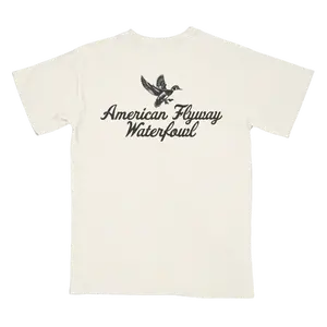 American Flyway Waterfowl Men's Vintage Wood Duck Logo Ivory Shortsleeve Round Neck T-Shirt - Casual Clothing, Classic Elegant Outdoor Sports Top